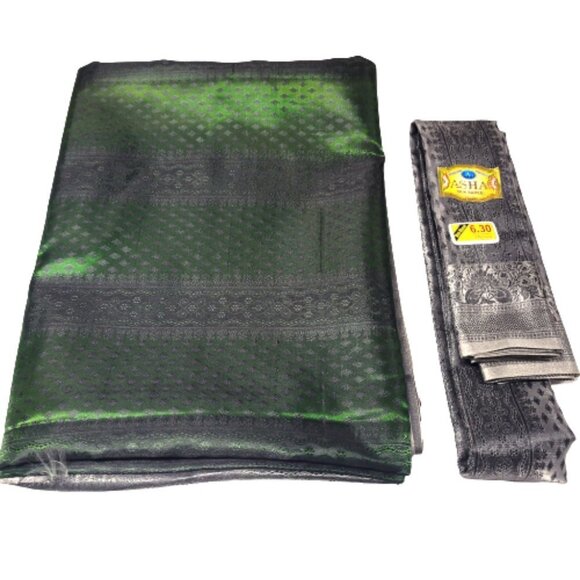 Green and Grey Sheen Saree Unstitched with Blouse Piece - NEW! - Picture 5 of 10
